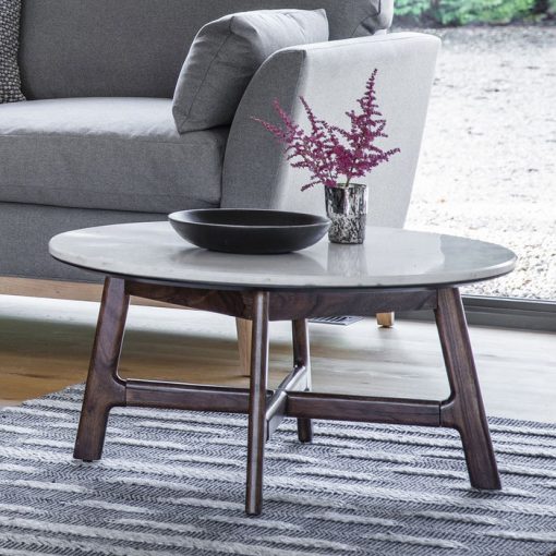 Akari Mid-Century Walnut Coffee Table with White Marble Top