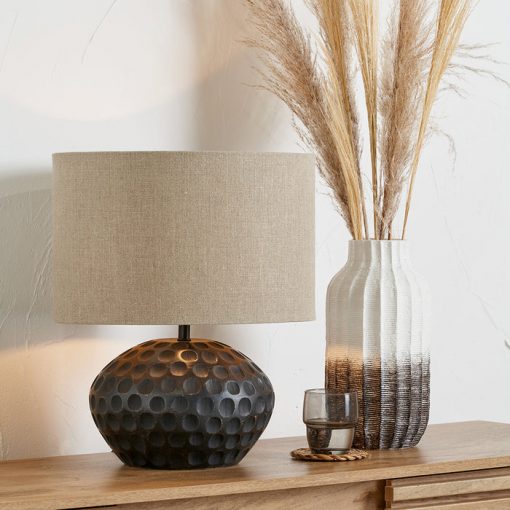 Antique Black Mango Wood Table Lamp – Textured Base & Natural Linen Shade