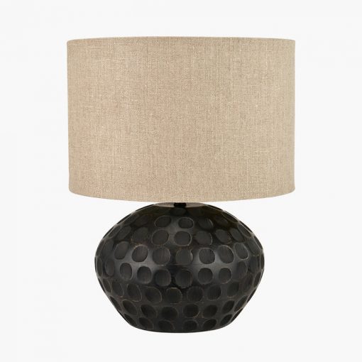 Antique Black Mango Wood Table Lamp – Textured Base & Natural Linen Shade
