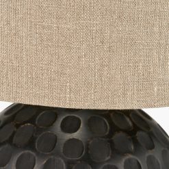 Antique Black Mango Wood Table Lamp – Textured Base & Natural Linen Shade3