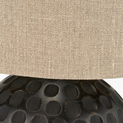 Antique Black Mango Wood Table Lamp – Textured Base & Natural Linen Shade
