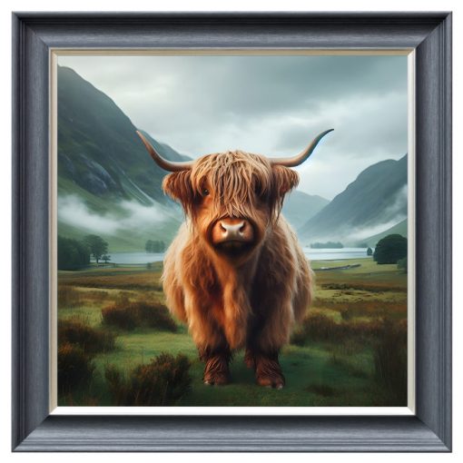 Rustic Wall Art Featuring A Young Highland Cow – Velvet Print with Grey or Black Frame – 2 Sizes