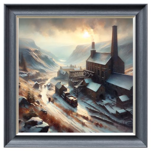 Striking Wall Art Featuring A Snowy Mining Town – Velvet Print with Grey or Black Frame – 2 Sizes
